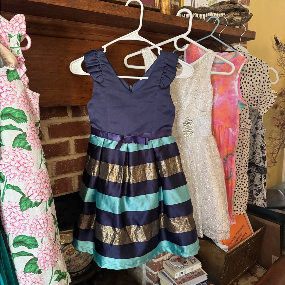 Stylish Navy and Gold Striped Kids Dress